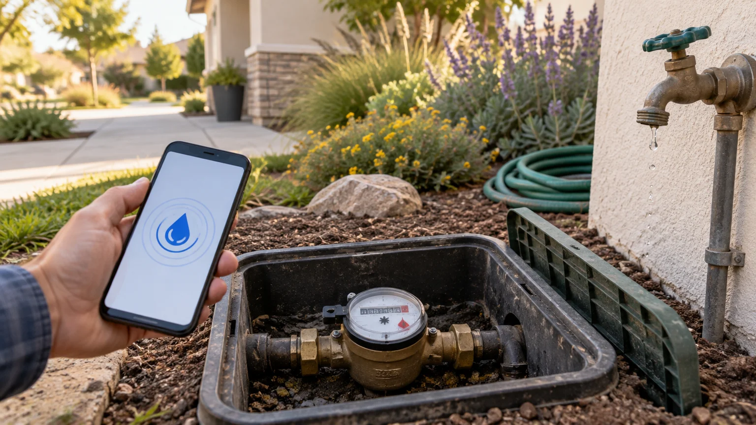 Hand holding a smartphone with a blue water-drop icon beside an open underground water meter box and a slowly dripping outdoor faucet.
