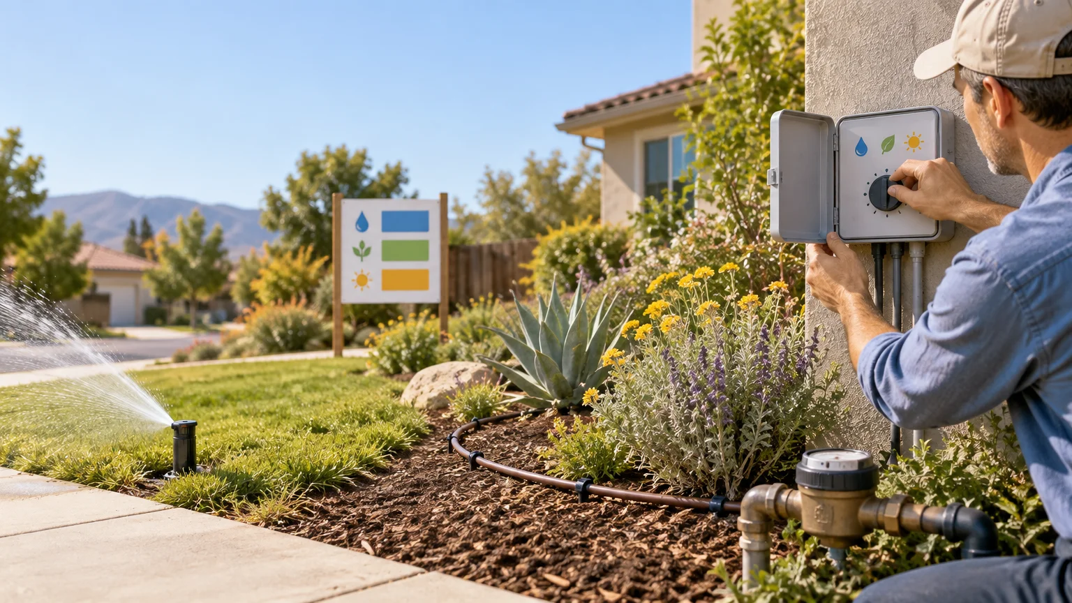A man adjusts a wall-mounted irrigation controller beside a landscaped suburban yard with a running lawn sprinkler, drip tubing, drought-tolerant plants, and a water meter assembly.