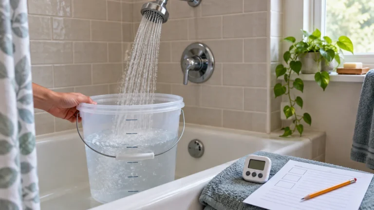 Hand holding a clear marked bucket under a running showerhead, with a small digital timer and blank worksheet on a towel beside the bathtub.