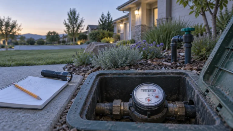 Open in-ground water meter box beside a landscaped suburban home at dusk, with a flashlight and notebook on the sidewalk nearby.