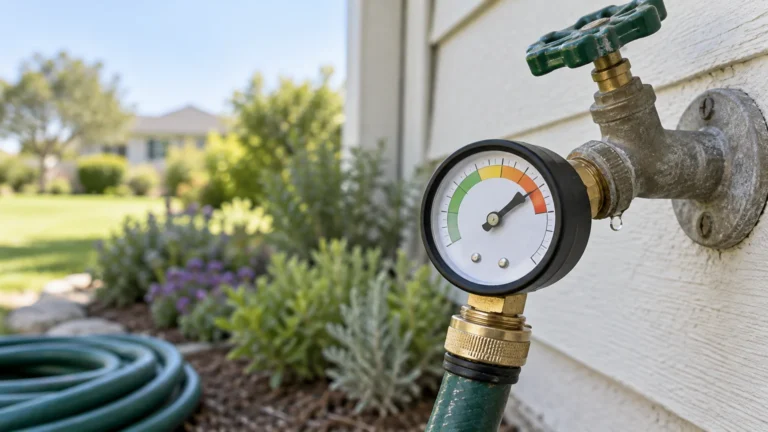 Close-up of an outdoor wall faucet fitted with a pressure gauge and green garden hose, with a landscaped yard in the background.